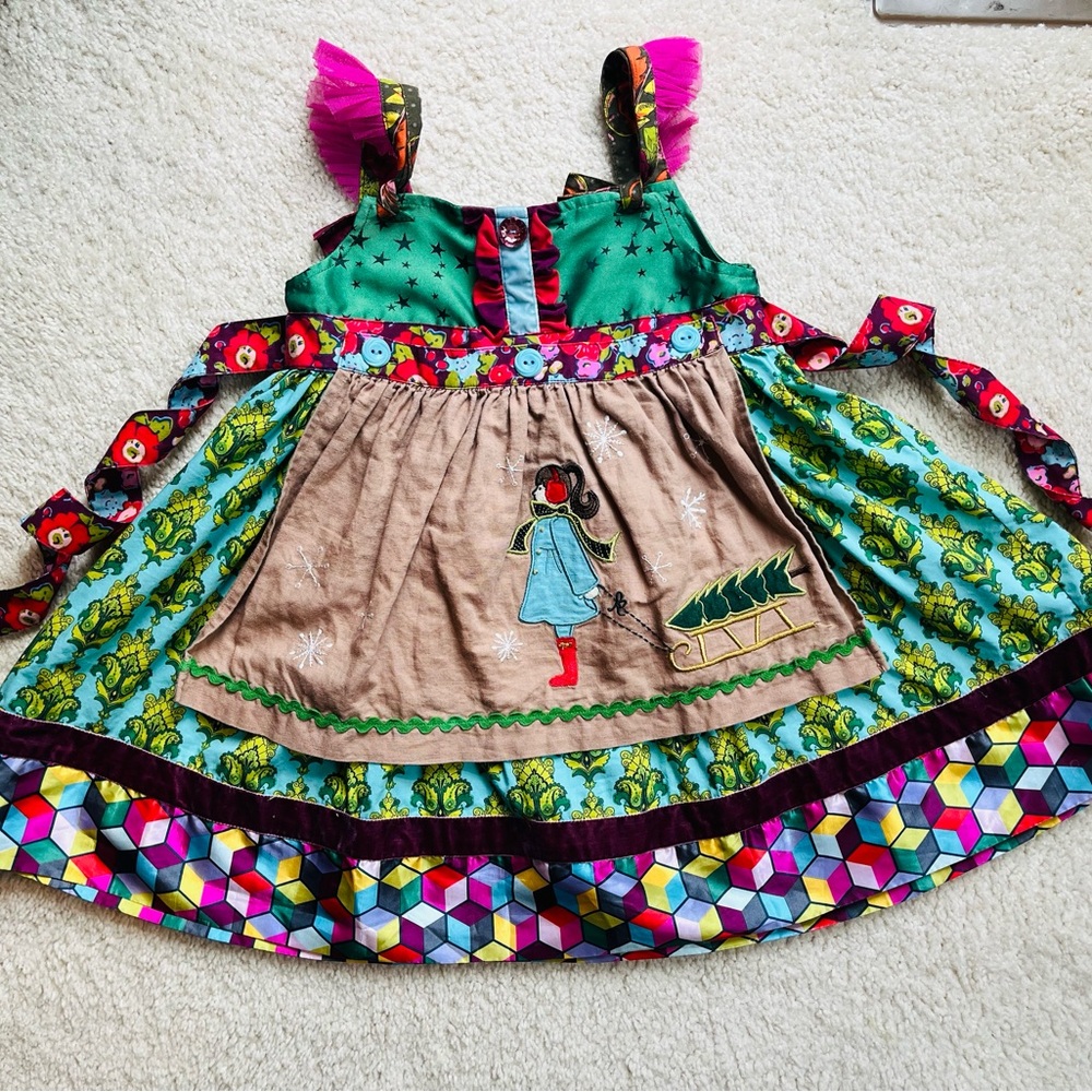 Matilda Jane paint by numbers green, red, Christmas apron dress, girl with sled